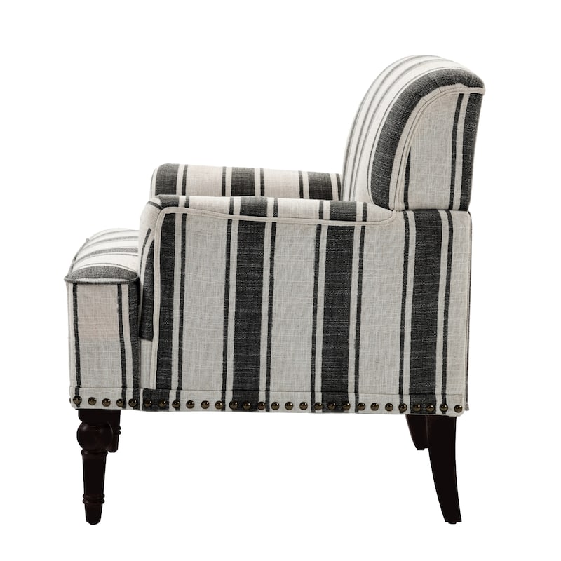 Stripe Linen Accent Arm Chair with Nailhead Trim and Wood Legs