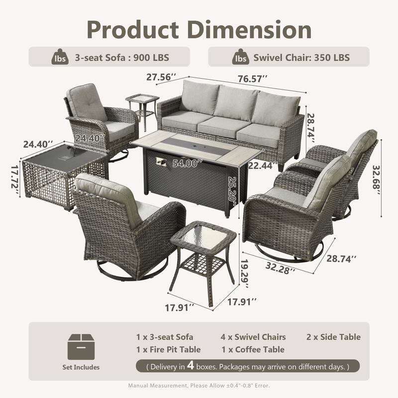 HOOOWOOO 9-piece Grey Wicker Outdoor Fire pit Set with Swivel Chairs