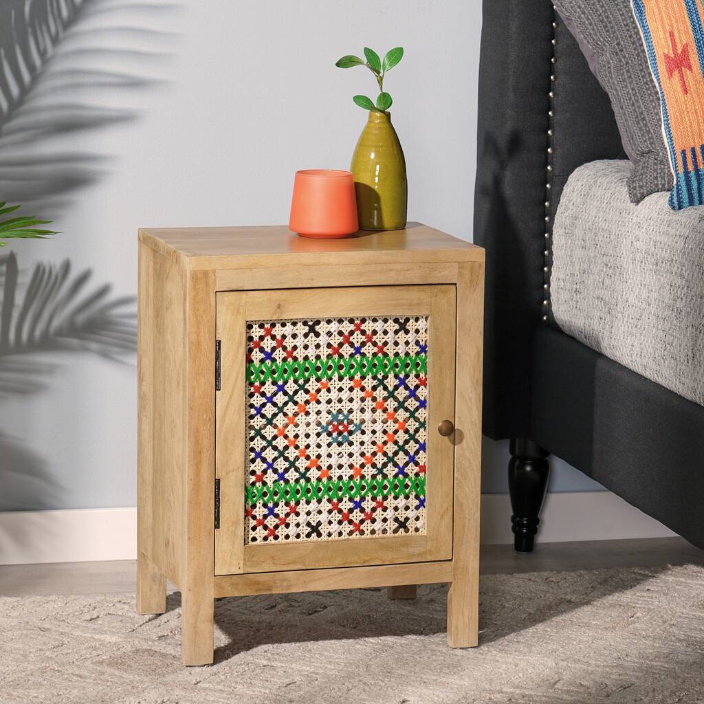 Haston Boho Handcrafted Mango Wood Nightstand with Wool Accents by Christopher Knight Home