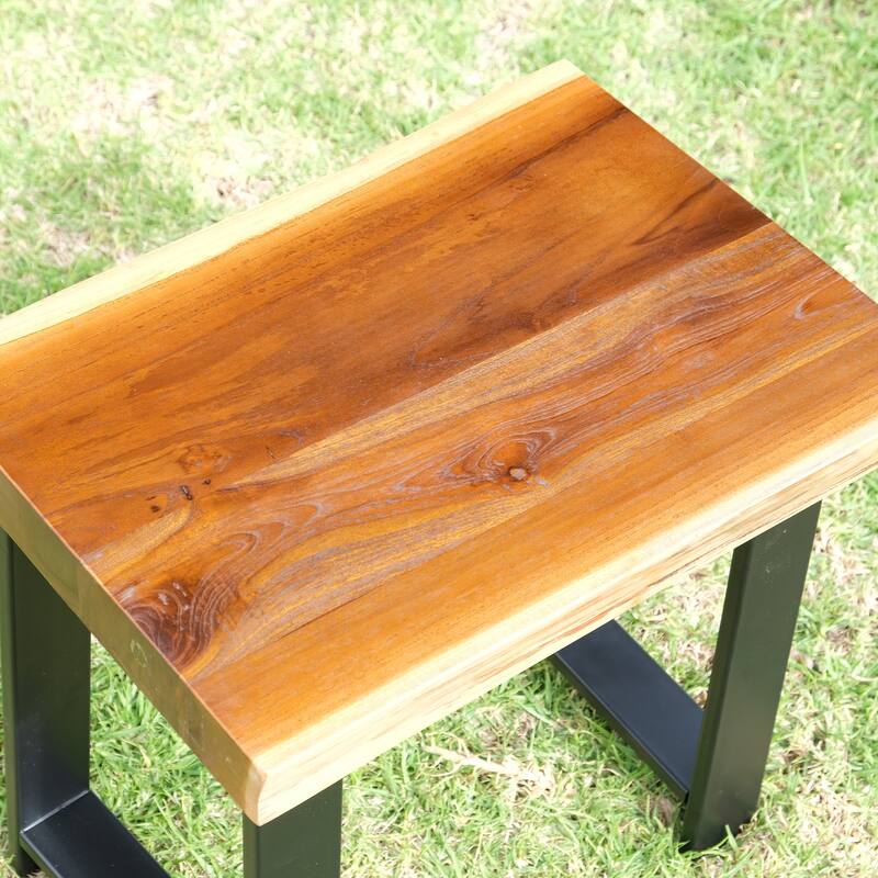 Greenage Pieced Teak Rectangle Bench Rustic Metal Seating Chair
