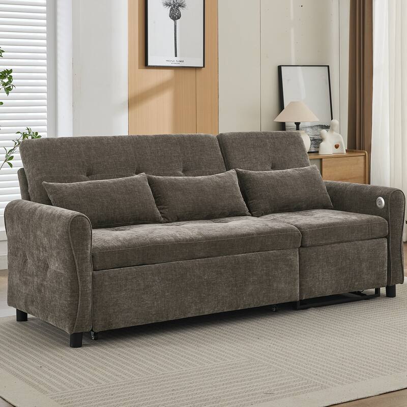 2-in-1 Sleeper Sofa Bed, 3 Seater Sectional Sofa with Pull Out Bed, Reversible Recliner Sofa with Pillows and USB Port