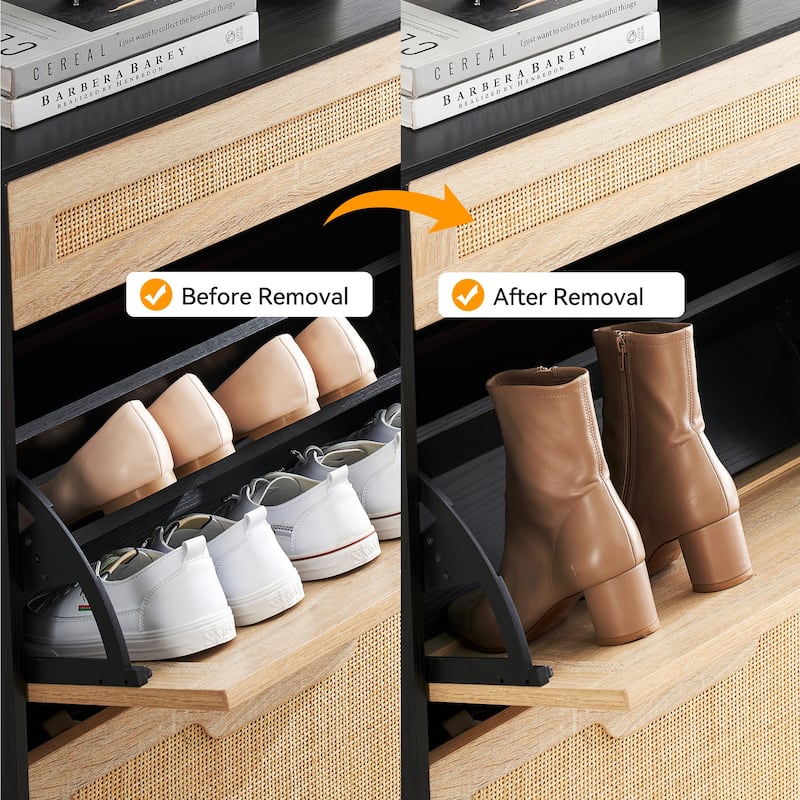 Natural Rattan 2 Flip Door Shoe Rack with 1 Drawer Storage Organizer for Entrance/ Hallway - 9.4"D x 24"W x 40.3"H