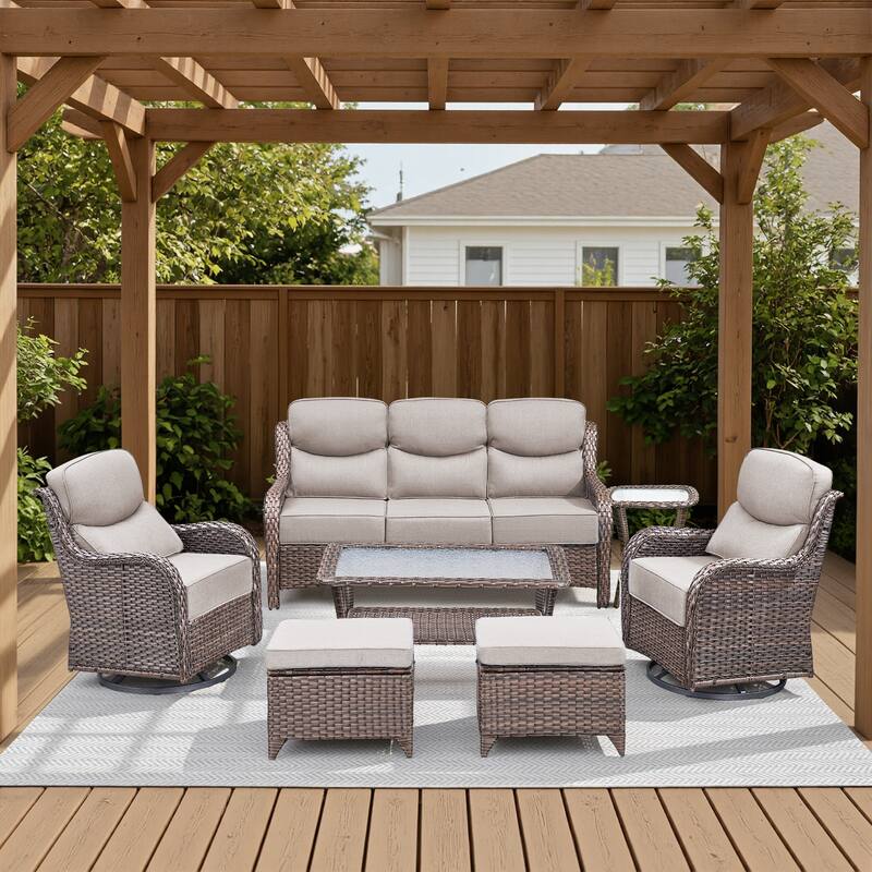 Meyreso 7-Piece Wicker Patio Conversation Set with Swivel Gliders and 6-Inch Thick Cushions - Brown/Beige - 7-Piece