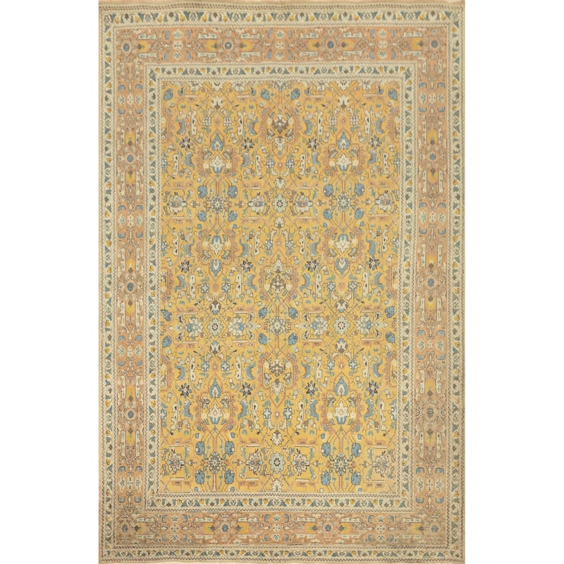 Hand Knotted Oriental 100% Wool Carpet Traditional All-Over Yellow & Gold Tabriz Area Rug - 9' 9'' X 6' 9''