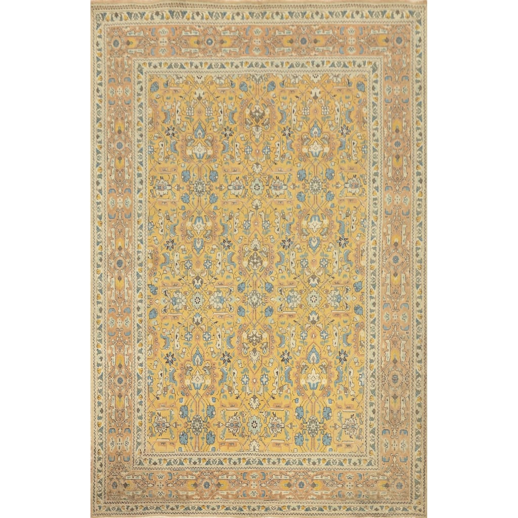Hand Knotted Oriental 100% Wool Carpet Traditional All-Over Yellow & Gold Tabriz Area Rug - 9' 9'' X 6' 9''