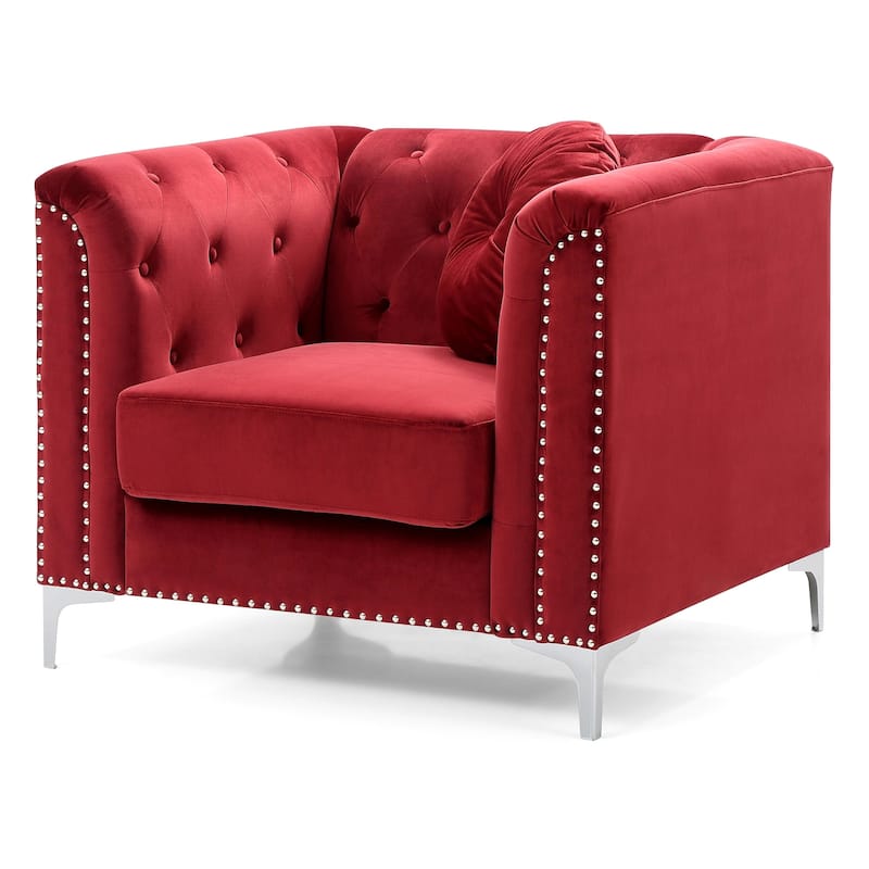 Button Tufted Velvet Accent Chair with Throw Pillow - 38" - Red and Silver
