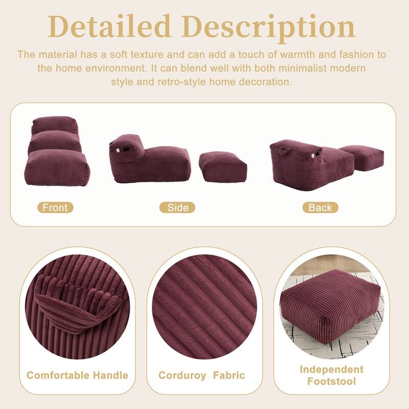Corduroy Upholstered Lounger Large Ergonomic Support Compressed Bean Bag Sofa with Ottoman