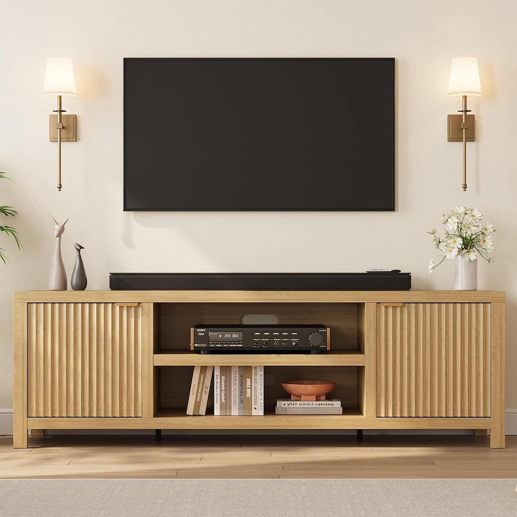 Fluted TV Stand for 80 inch TV, Entertainment Center with Adjustable Shelves - N/A