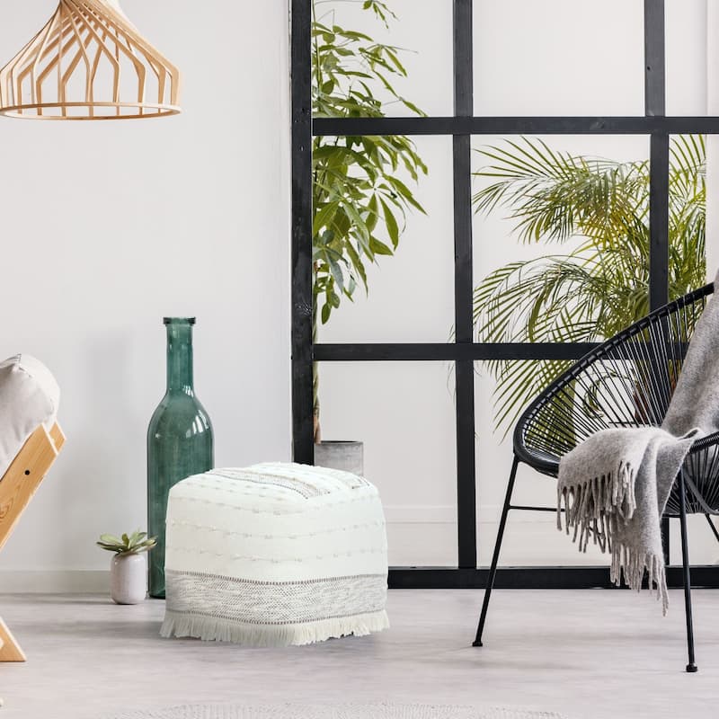 18" Beige and Brown Shag Textured Handcrafted Square Pouf Ottoman