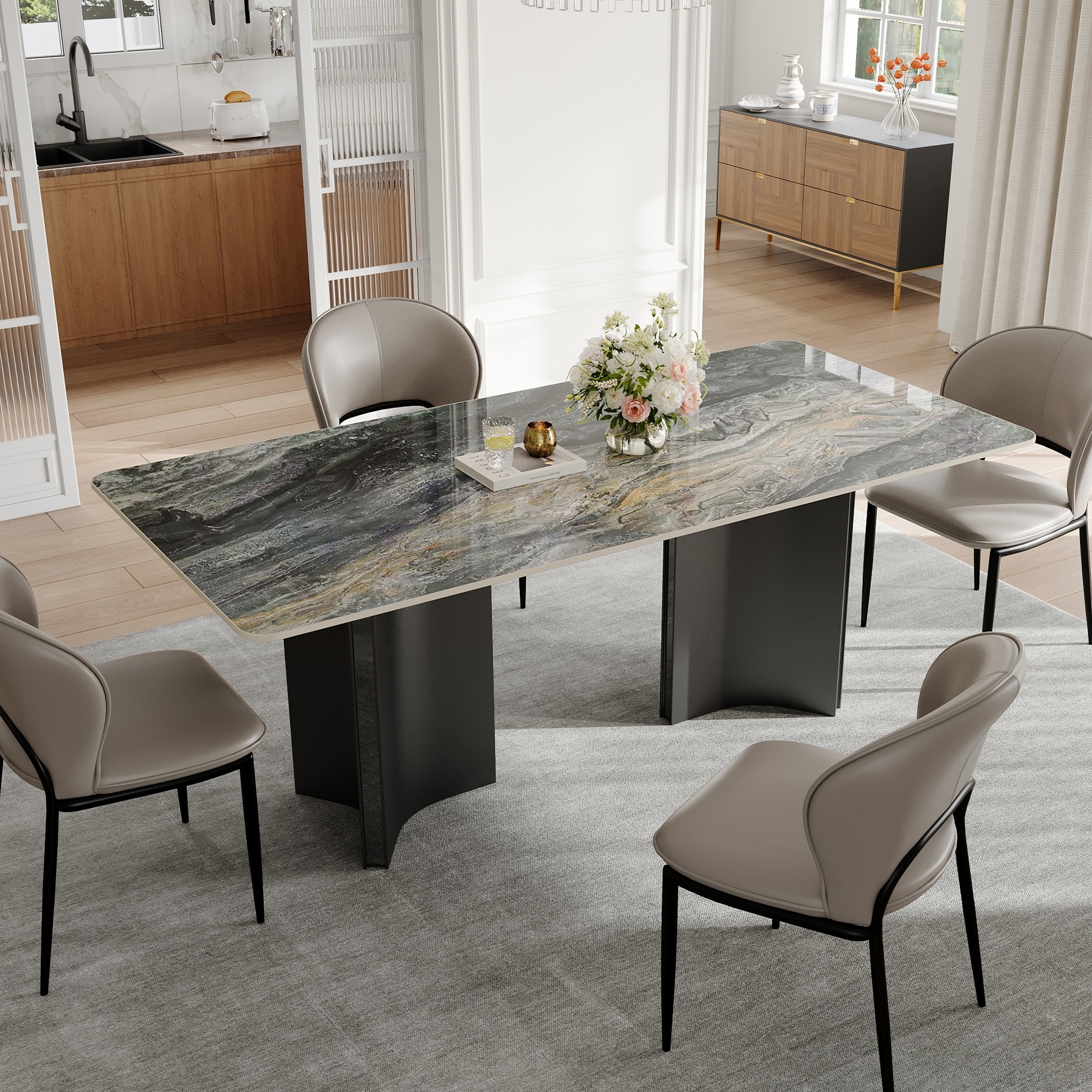 63" Modern Retangular Dining Table With Glossy Grey Sintered Stone Table Top, Kitchen Table With Stainless Steel Legs For 6