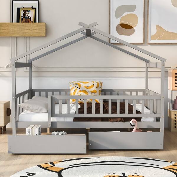 slide 2 of 13, Full Size Wooden House Platform Bed w/ 2 Drawers Storage Bed Frame for Kids,Teens,Girls,Boys Space-Saving, Easy Assembly, Gray Gray