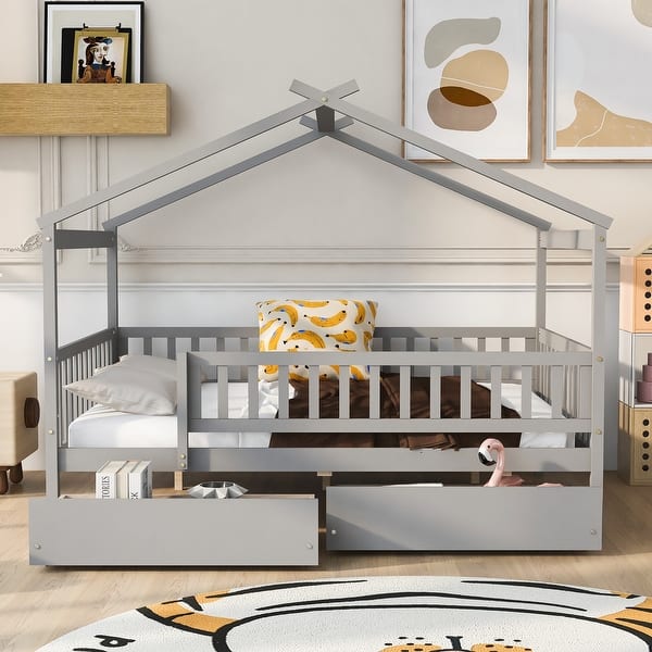 slide 2 of 36, Kids Funny Canopy Bed Wooden Frame House Bed Full Size Platform Bed Daybed with Roof, Safety Guardrail and Drawers Grey - Full