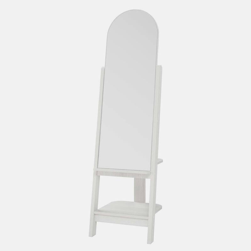 Lewis Modern White Wooden Standing Arched Mirror with Shelf and Hooks