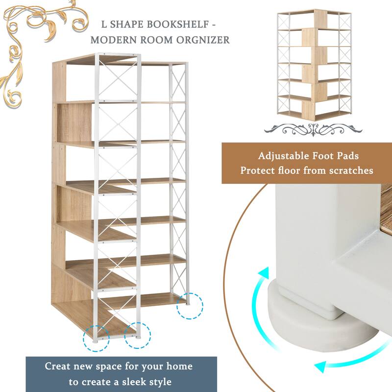 Industrial 7-Tier L-Shaped Corner Bookcase Home Office Bookshelf