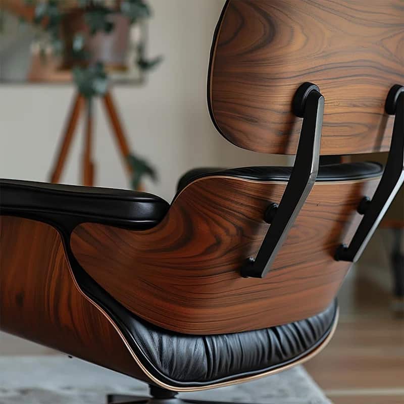 Furgle Genuine Leather Accent Lounge Chair and Ottoman Walnut Wood
