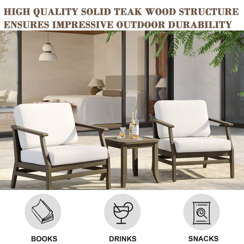 3 Set Outdoor Teak Wood Club Chairs with Side Table