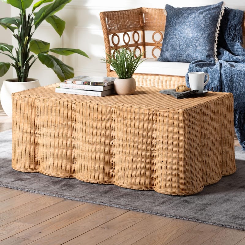 Palm Scalloped Rattan Coffee Table - Handwoven Wicker Rectangle Accent Table for Living Room, Patio or Sunroom