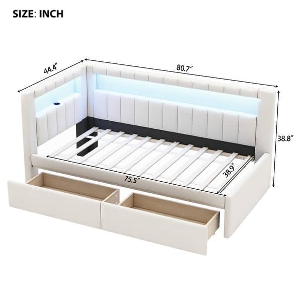 dimension image slide 0 of 6, Platform Bed Linen Upholstered Daybed with L-shaped Headboard USB Ports and Light for Night's Sleep, Choose 2 Drawer or Trundle