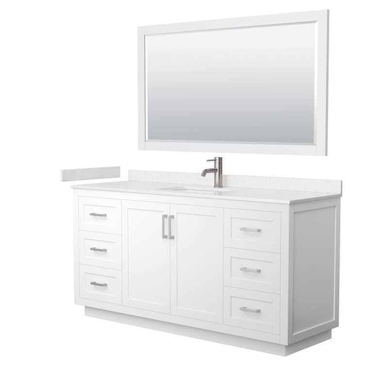 Miranda Bathroom Vanity Set, Cultured Marble Top, 58-Inch Mirror - 66-Inch Single - White, Nickel Trim, Carrara Cultured Marble Top