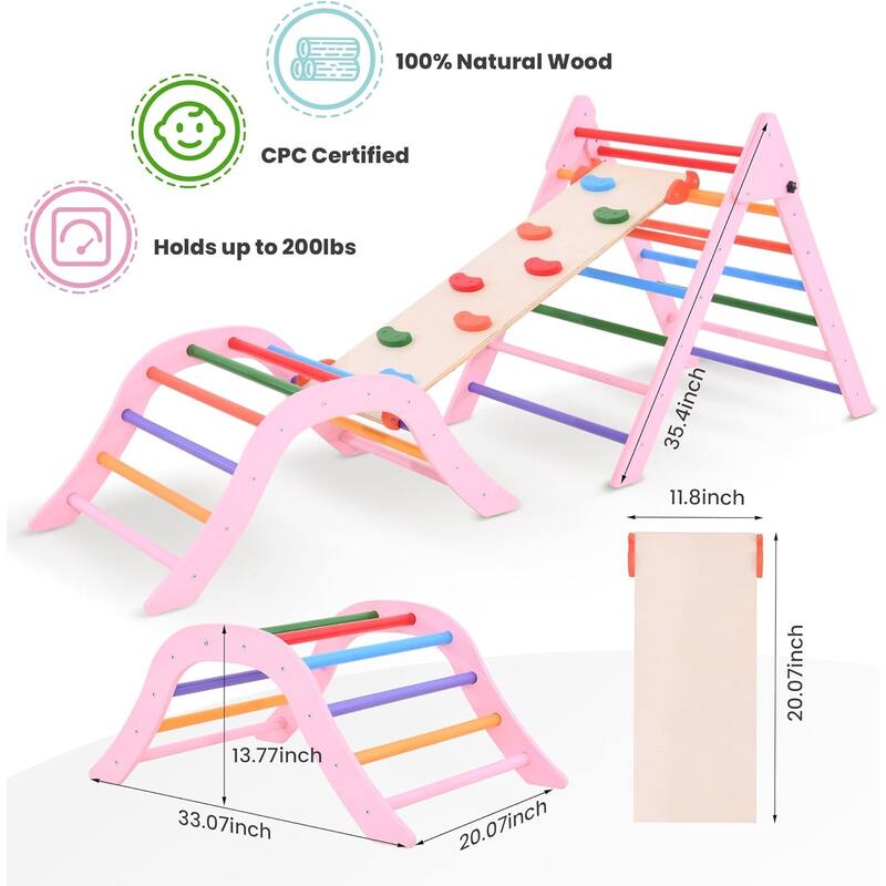 7 in 1 Pikler Triangle Gym, Montessori Foldable Wooden Climber with Ramp