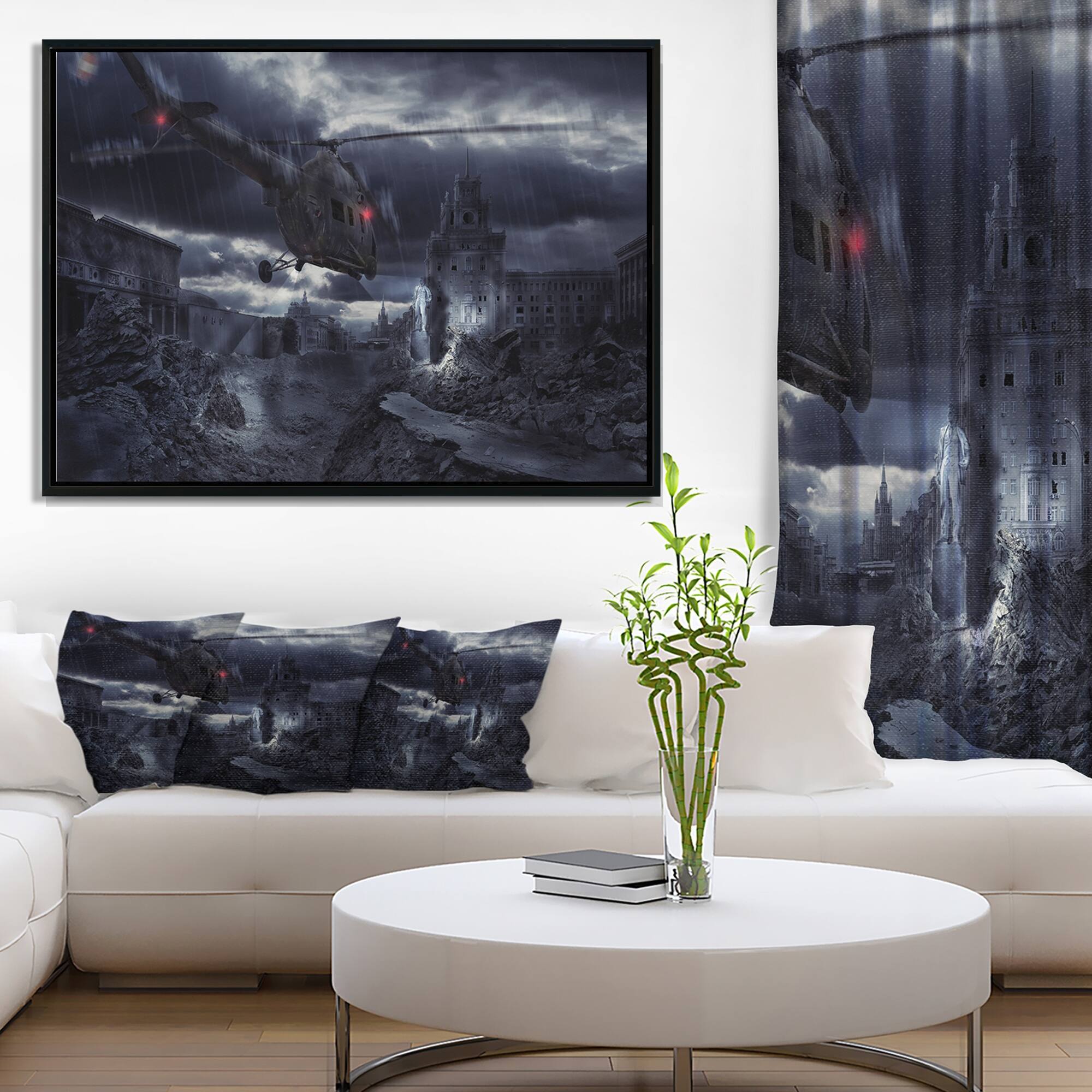 Designart "Helicopter over Storm Ruined City" Photography Framed Canvas