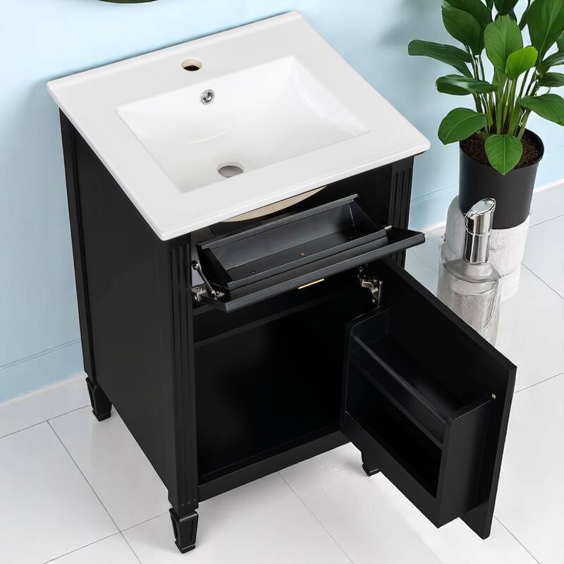 20" Bathroom Vanity with Sink, Freestanding White Cabinet with Ceramic Basin, Tilt-Out Drawer, Adjustable Shelf, Solid Wood Legs