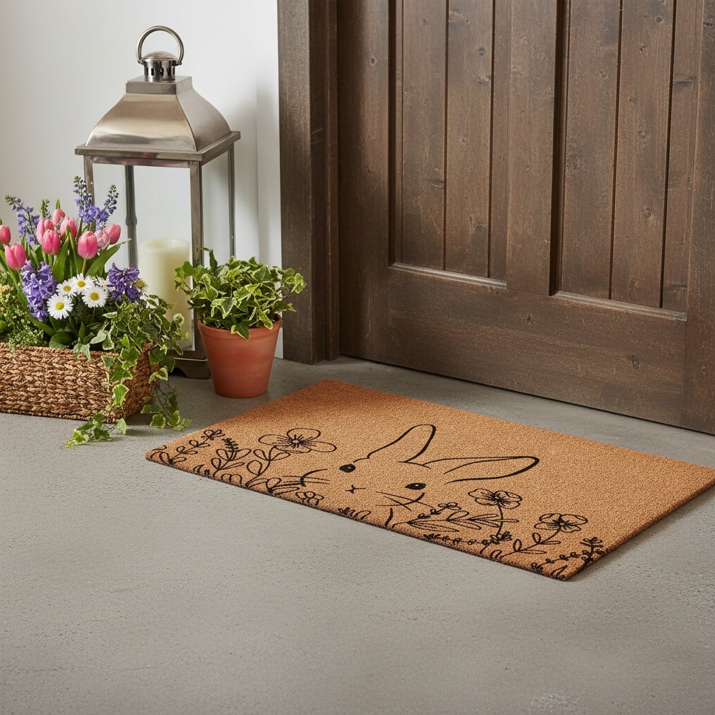 HomeRoots 24" X 36" Brown And Black Bunny Floral Outdoor Coir Door Mat - 24.00' X '36.00