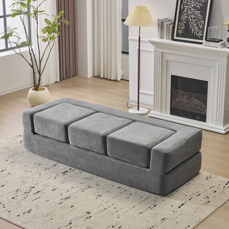Convertible Sectional Sofa with 3 Storage Ottomans - High-Resilience Foam Sleeper, Space-Saving Grey Chenille Floor Sofa