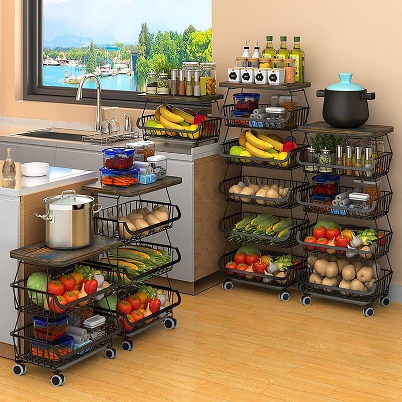 5/6-Tier Stackable Fruit Basket, Rolling Metal Cart with Wheels