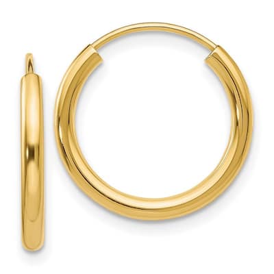 Curata 10k Yellow Gold 2mm Round Endless Hoop Earrings - 12mm 14mm 17mm 22mm 26mm 35mm 38mm 41mm 45mm 52mm 61mm