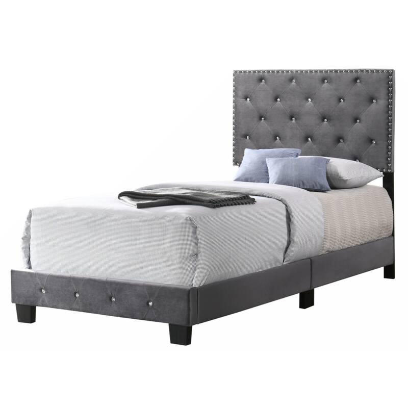 Gray Velvet Platform Bed with Nailhead Trim, Twin Size