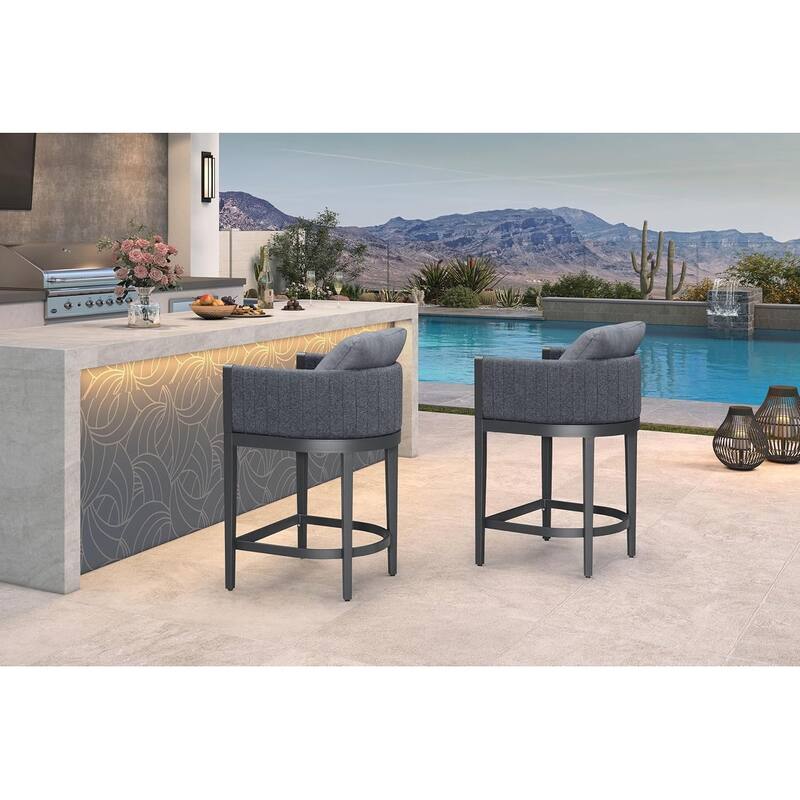 PURPLE LEAF Bar Stool Set of 2 Outdoor Rattan Bar Chair with Back Metal Bar Height Stool Wicker Barstool Dark Grey