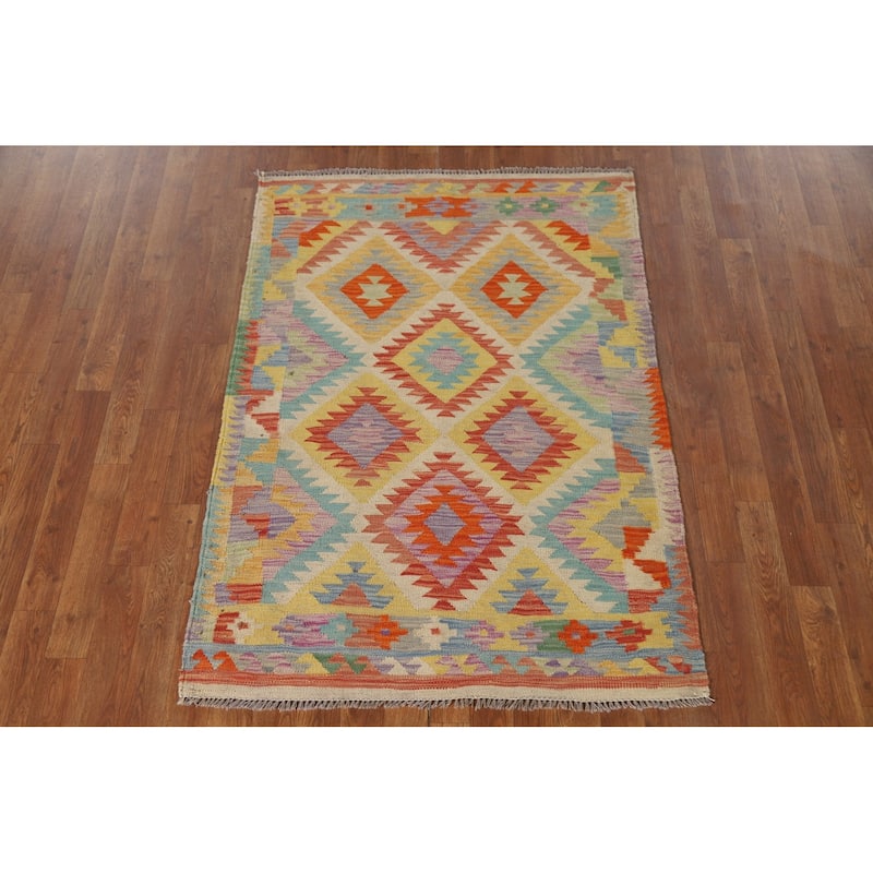Multicolor Kilim Area Rug Reversible Flatweave Wool Carpet - 3'4"x 4'11"