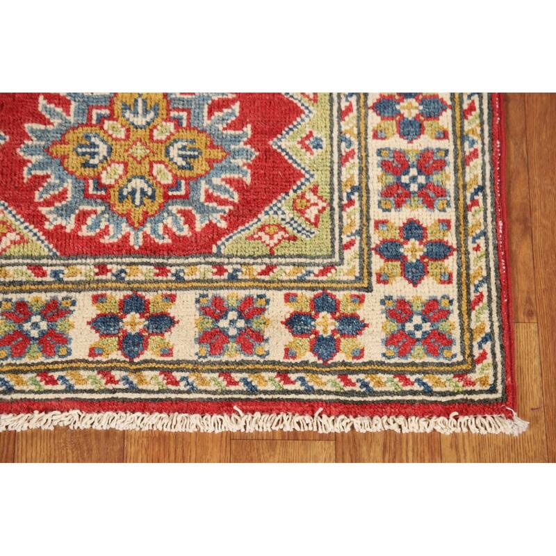 Geometric Kazak Oriental Foyer Rug Hand-Knotted Red Wool Carpet - 2'0"x 3'0"