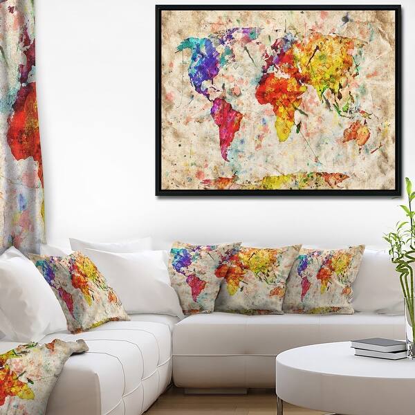 Shop Designart Vintage World Map Watercolor Map Framed Canvas
