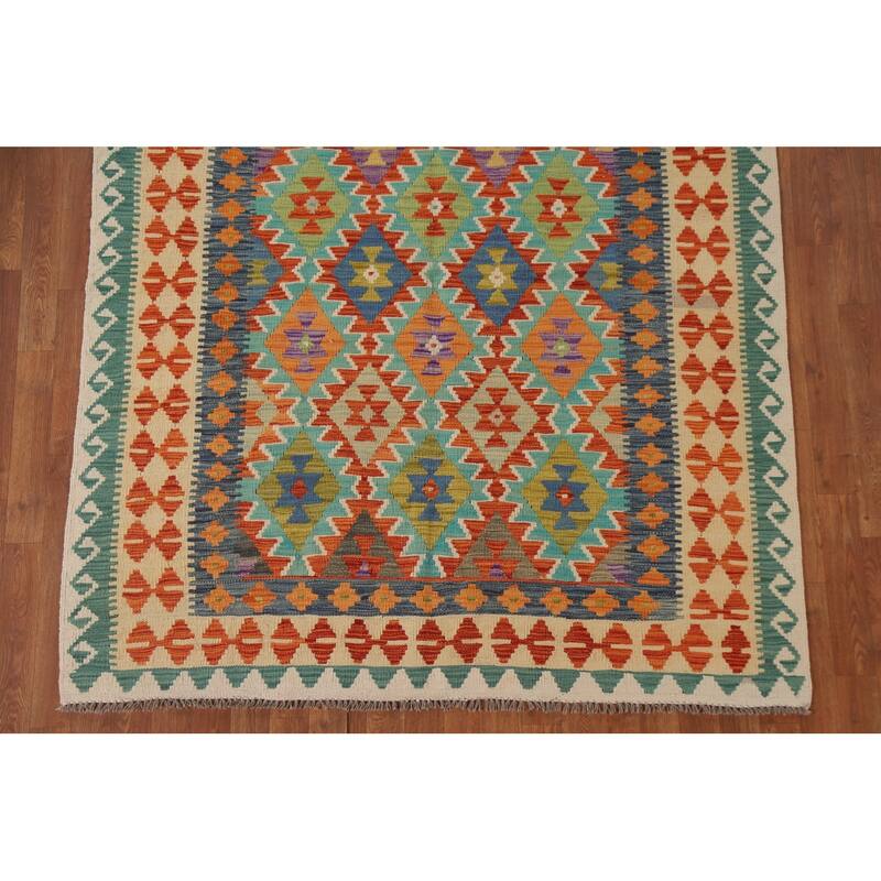 Hand Woven Oriental 100% Wool Carpet Southwestern Geometric Multi-Colored Kilim Area Rug - 6' 4'' X 5' 3''