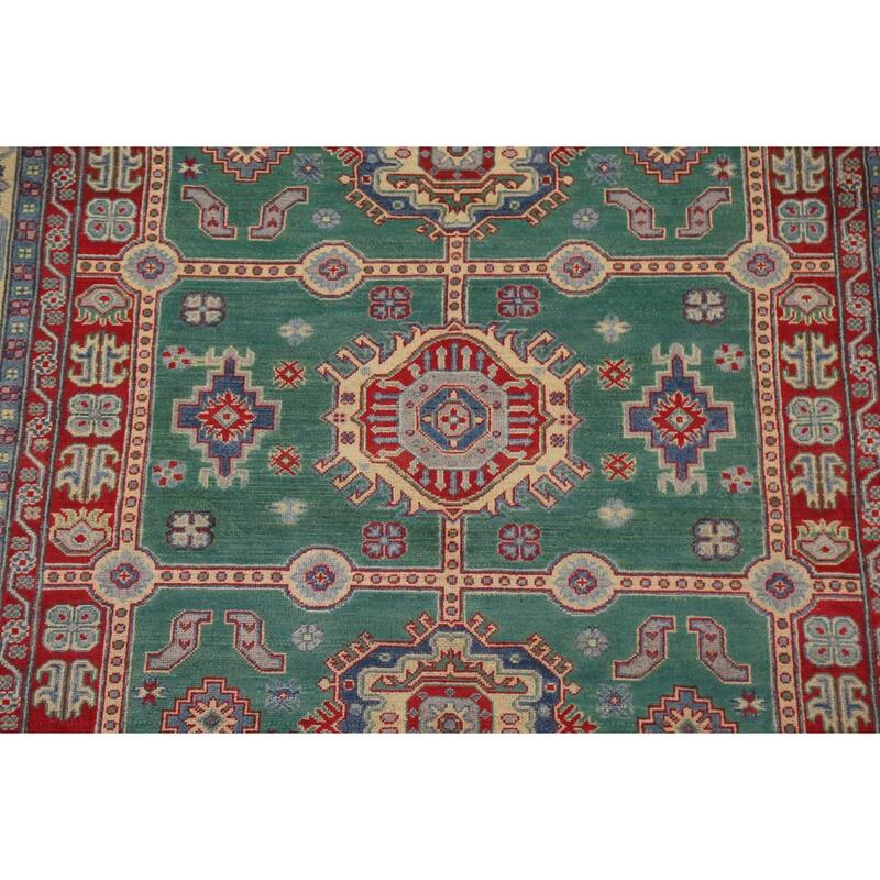 Hand Knotted Oriental 100% Wool Carpet Traditional Geometric Green Kazak Area Rug - 9' 9'' X 6' 7''