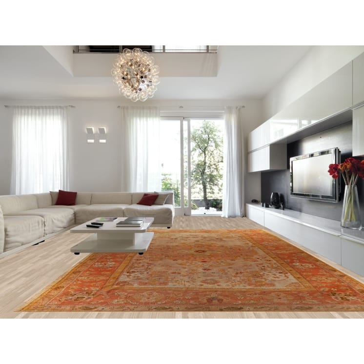 Pre-1900 Antique Vegetable Dye Oushak Turkish Rug Handmade Wool Carpet - 12'3"x 18'5"