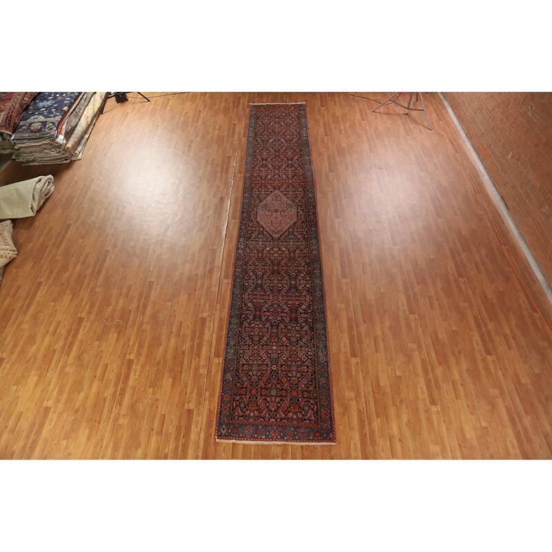 Hand Knotted Oriental 100% Wool Carpet Traditional Geometric Navy Blue & Blues Bidjar Runner Rug - 19' 6'' X 3' 5''