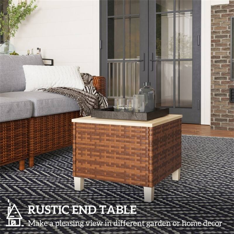 Brown Nature Wood Fir Wood PE Steel Rustic Patio End Table Outdoor - 17.7" L x 17.7" W x 14.6" H