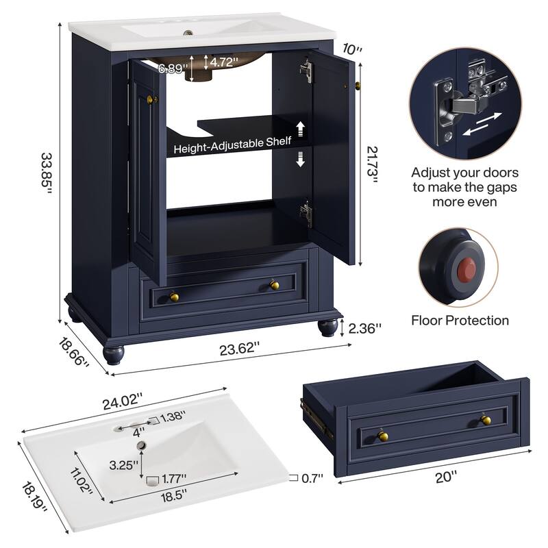 Solid Wood Modern Bathroom Vanity with Ceramic Sink, Adjustable Shelf Storage