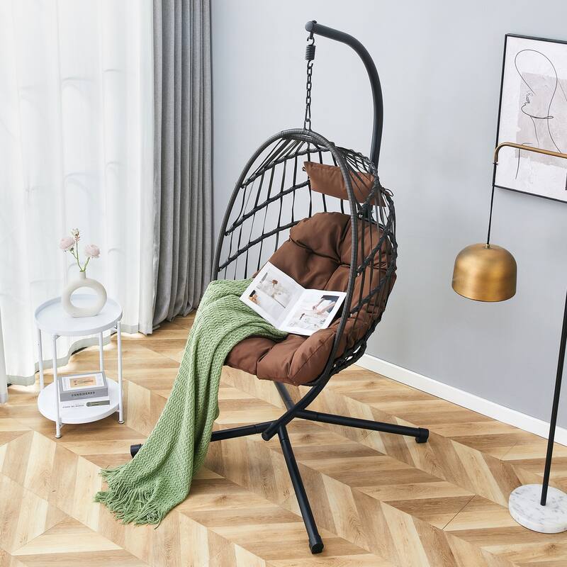 Rustproof Hanging Chair with Plush Cushion, Outdoor Egg-Shaped Swing Chair with a Non-slip Octopus Base