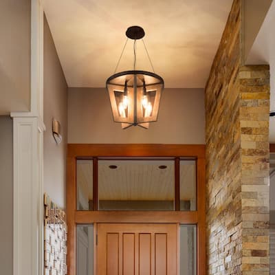 Kiria Rustic Farmhouse 5-light Wood Chandelier Semi-flush Mount Handcrafted Ceiling Lights - L 14.2" x W 14.2 "x H 14.4"