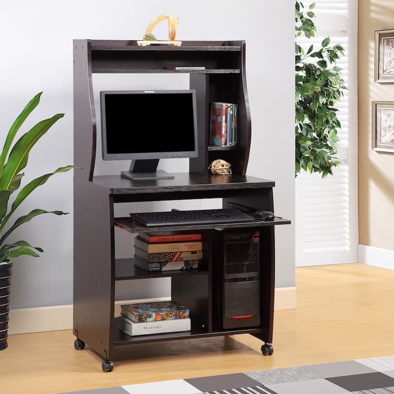 Microwave cart computer cart utility cart with hutch shelves spice rack mobile on locking castors white - Espresso