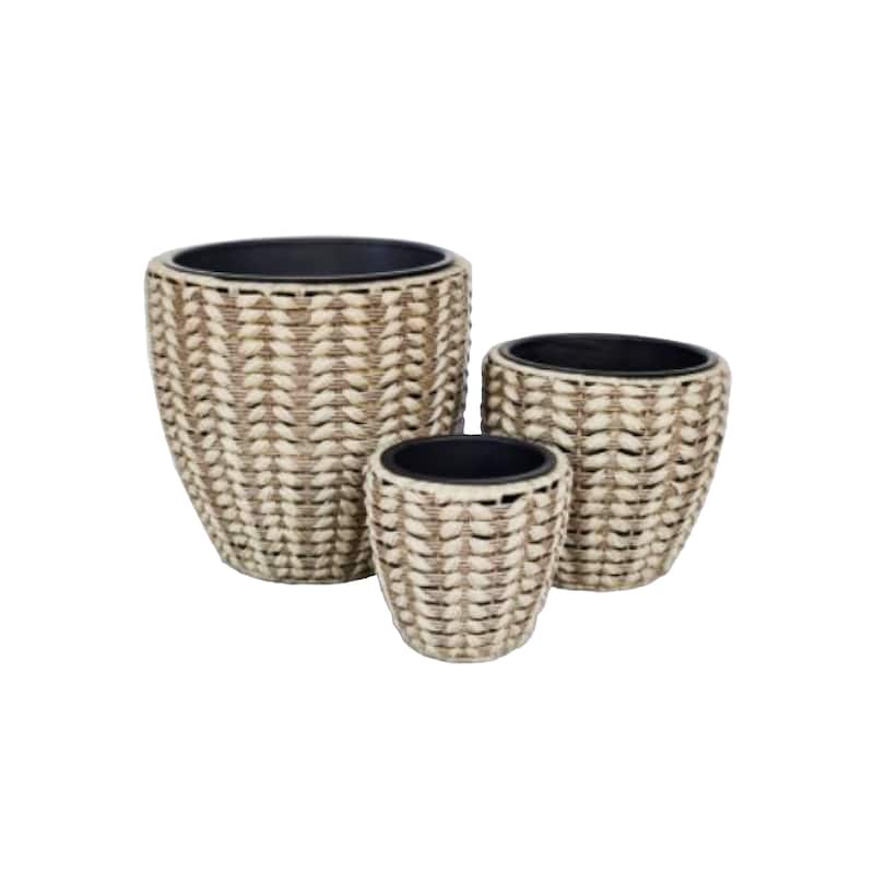 Alpine Corporation VTAHK130A-GR Poly Rattan Planter Set of 3 with Removable Inserts, Modern Outdoor Decorative Pots, Gray