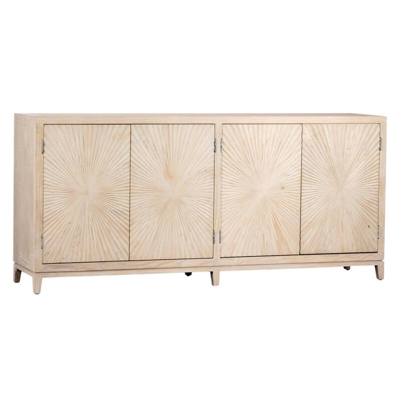 Isabelle 79-inch Pine Light Wash 4-Door Sideboard with Hand Carved Burst Pattern Door Fronts - Light Brown