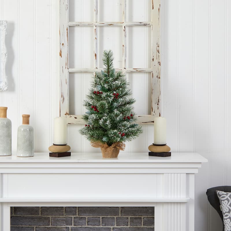 2ft. Snow Tipped Pine & Berry Artificial Christmas Tree with 35 Warm White LED Lights in Burlap Base - Rustic X-Mas Accent