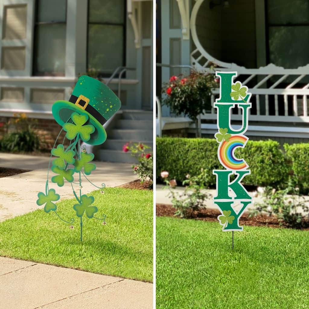 Glitzhome 42"H St. Patrick's Metal Lucky Leprechaun Hat Shamrocks Yard Stakes