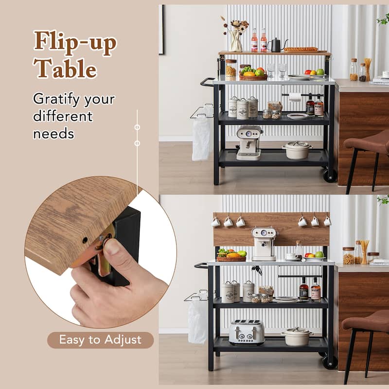 Gymax Rolling Bar Cart w/ Flip-up Table Hooks Paper Towel Holder 2
