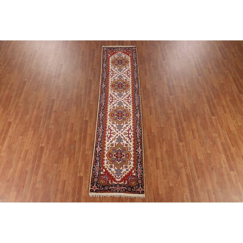 Ivory Geometric Heriz Serapi Oriental Runner Rug Handmade Wool Carpet - 2'7"x 10'10"